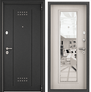 DELTA PRO MP (860 х 2050 петли:ПРАВЫЕ уст.: НАКЛ фурн.:ХКР_МОН_ALFA отделка: темно-серый букле графитDL-2/ПВХ Лиственница белаяСК6-СМ наличник:- (Панель с зеркалом)
