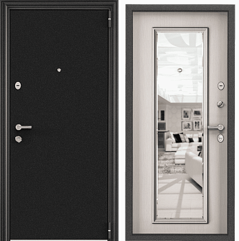 DELTA 100 MP (860 х 2050 петли:ПРАВЫЕ уст.: НАКЛ фурн.:ХКР_БН МОН_ALFA отделка: темно-серый букле графит-/ПВХ Лиственница белаяDM наличник:- (Броненакладка Магнитны)