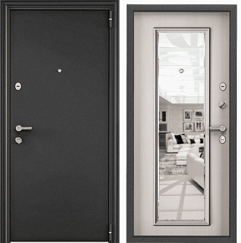 DELTA 100 MP (950 х 2050 петли:ПРАВЫЕ уст.: НАКЛ фурн.:ХКР_БН МОН_ALFA отделка: темно-серый букле графит-/ПВХ Лиственница белаяDM наличник:- (Броненакладка Магнитны)